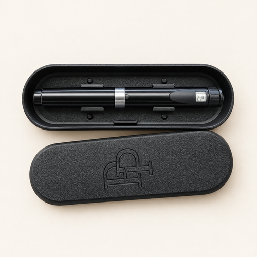 Pep Prep Travel Case open with pen insert and injection pen, lid beside it