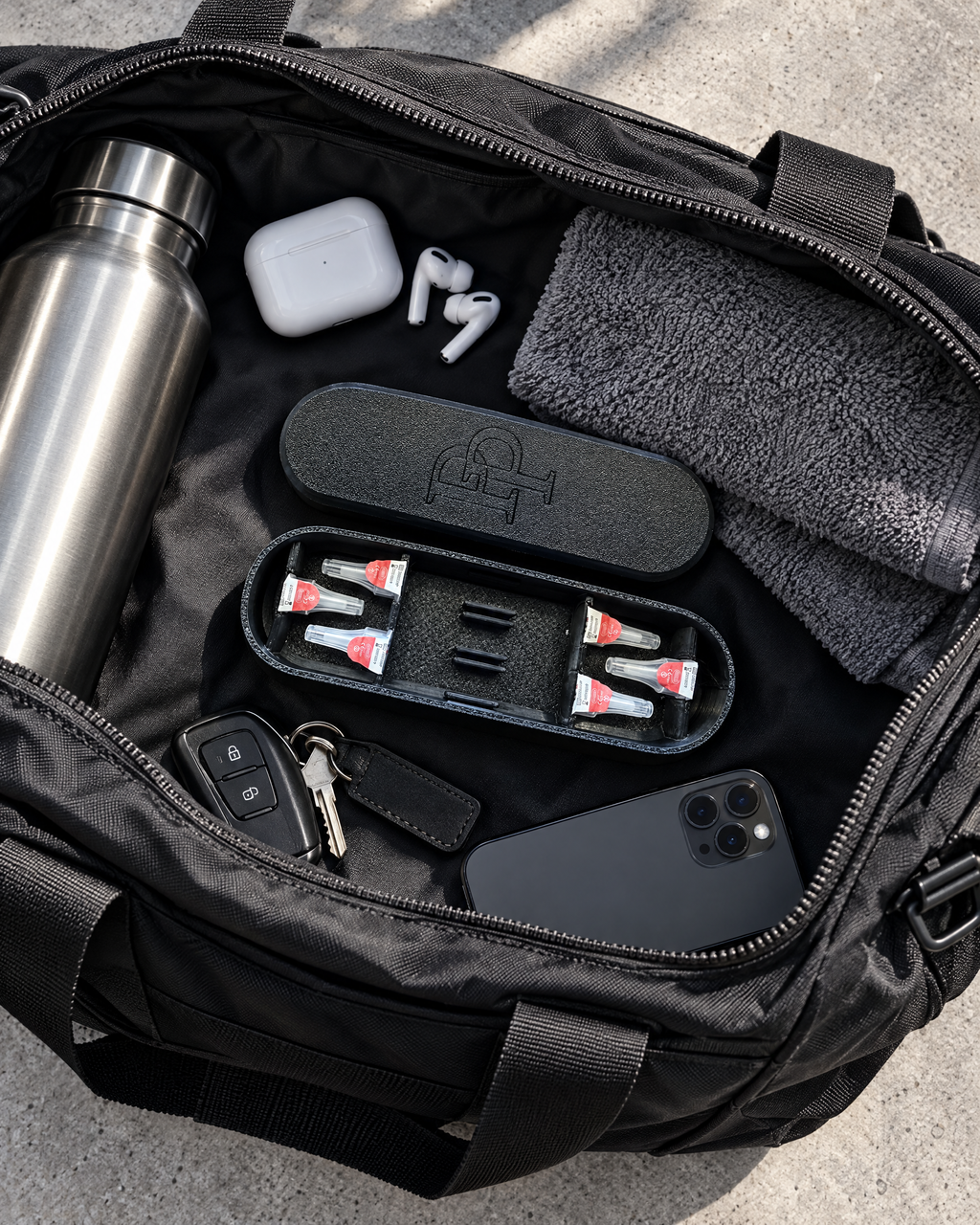 Needle case inside a gym bag