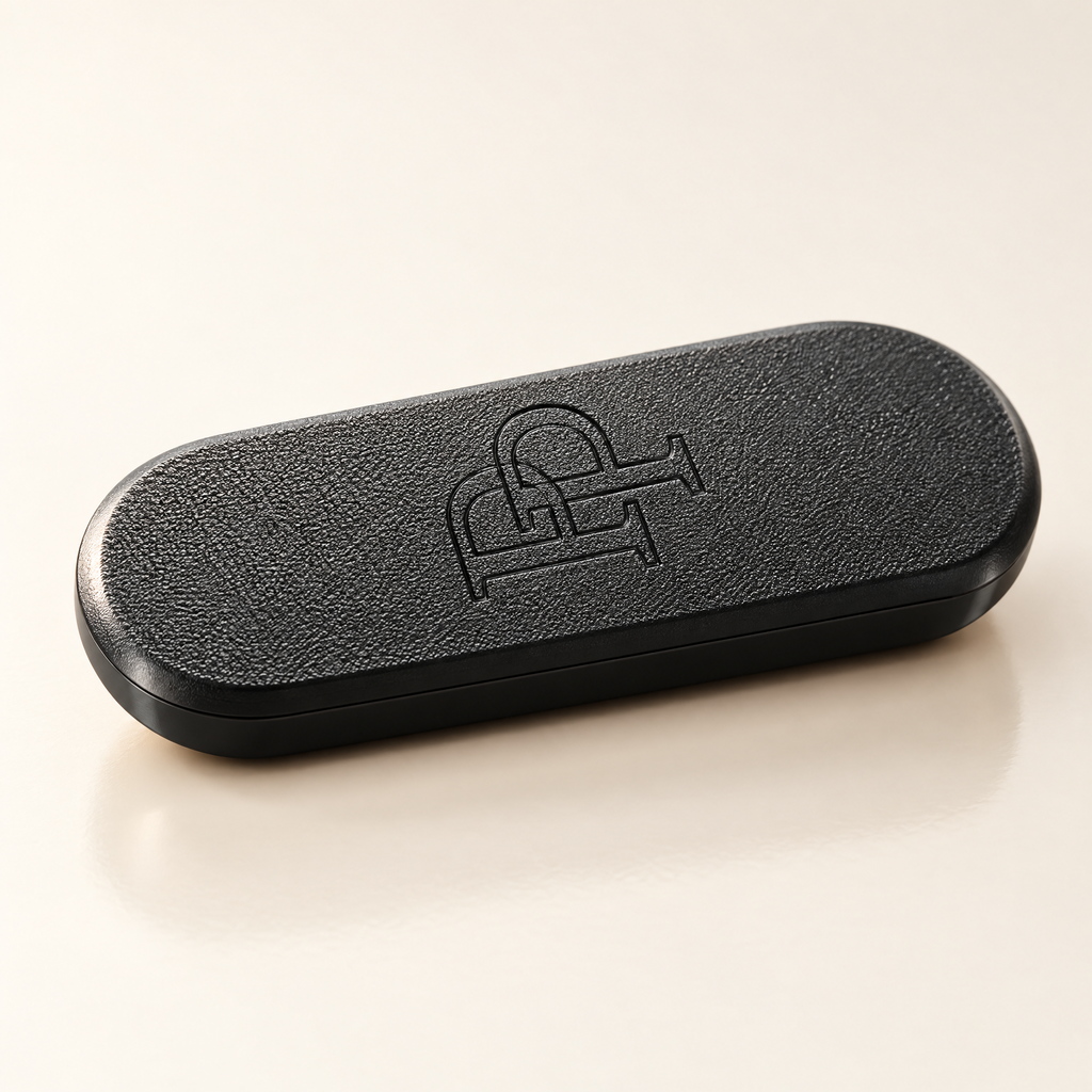 Close-up of the embossed PP monogram on the case lid