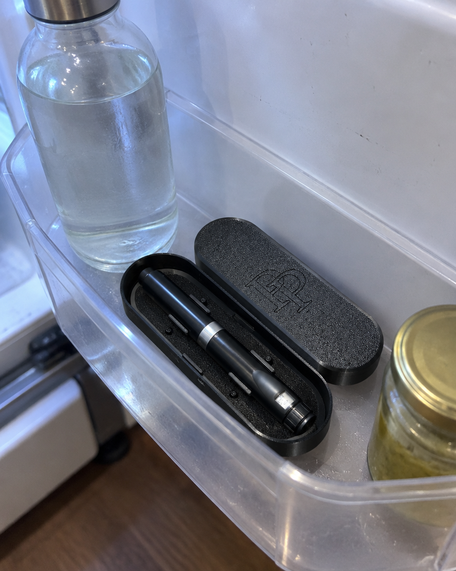 Pen case open in a fridge door shelf