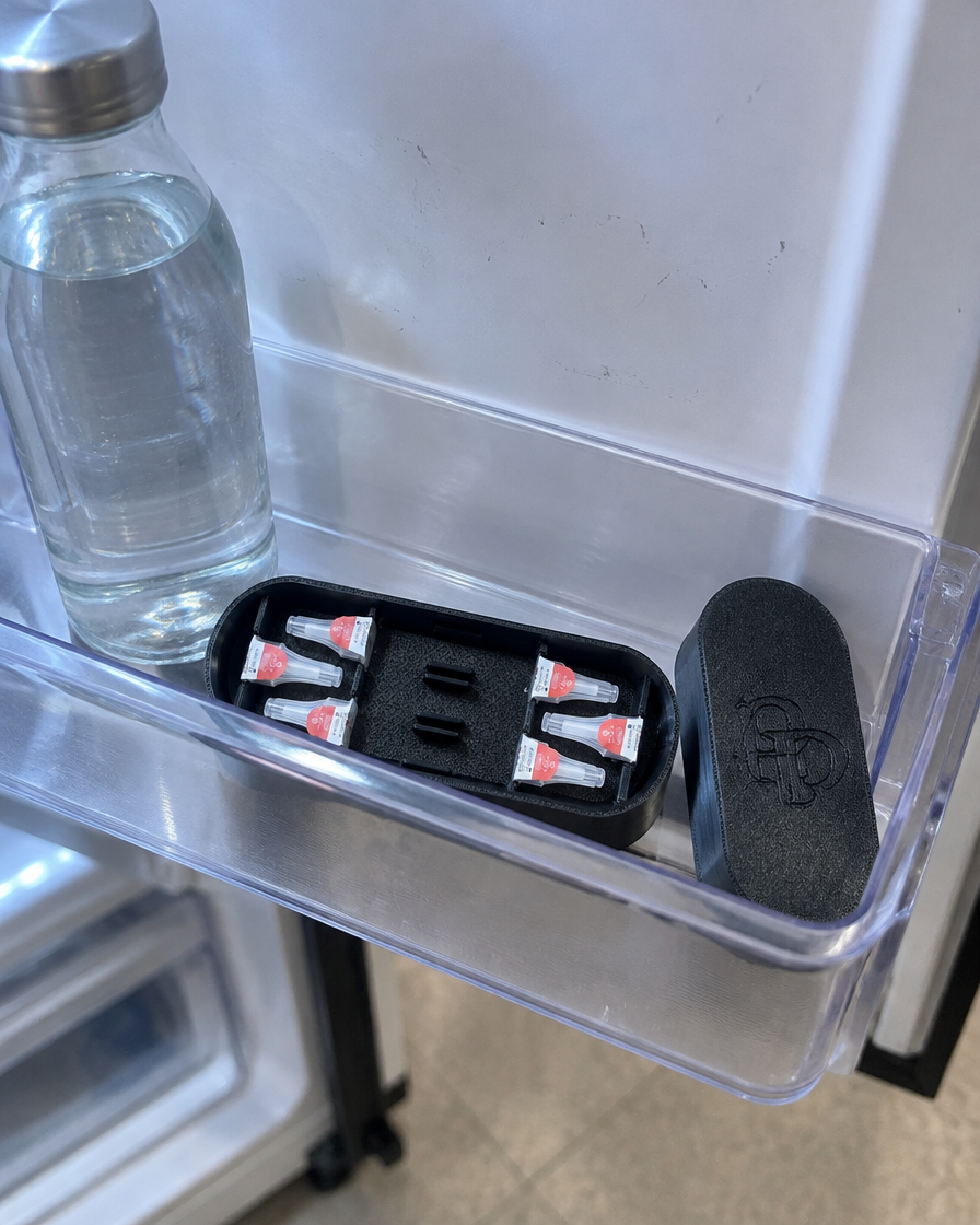 Needle case open with 6 pen needles in a fridge door shelf