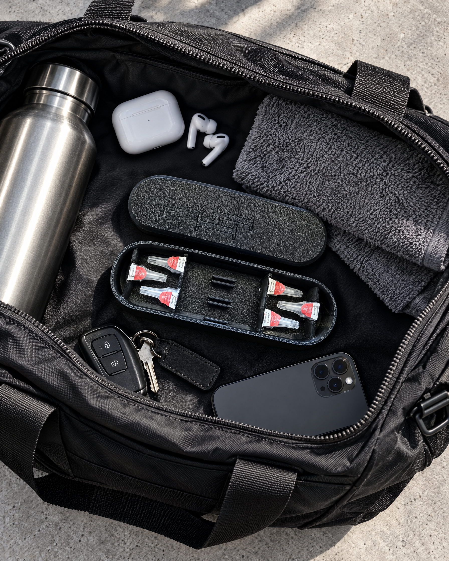 Pep Prep needle case inside a gym bag