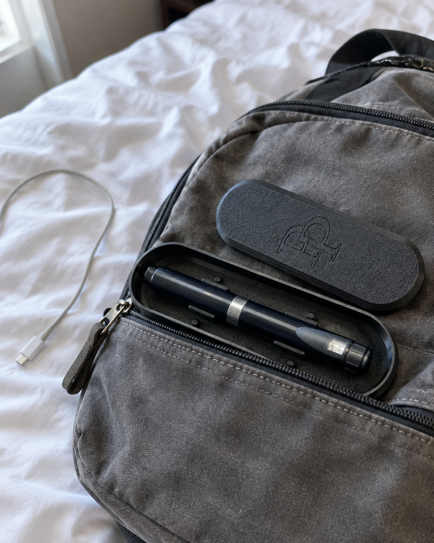 Pep Prep case open with an injection pen, tucked into a backpack pocket on a hotel bed